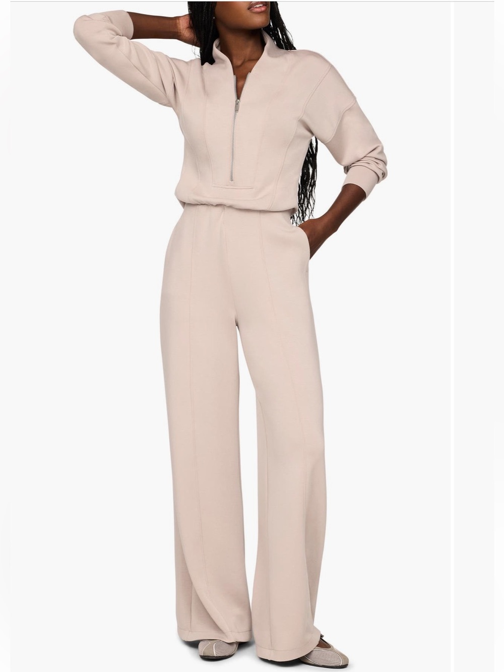 Spanx Air Essentials Mushroom Long Sleeve Shawl Collar Jumpsuit NWT